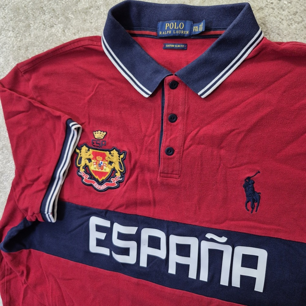 Polo Ralph Lauren Spain Shirt Custom Slim Fit Mens 2XL Polo Red Embroidered Logo